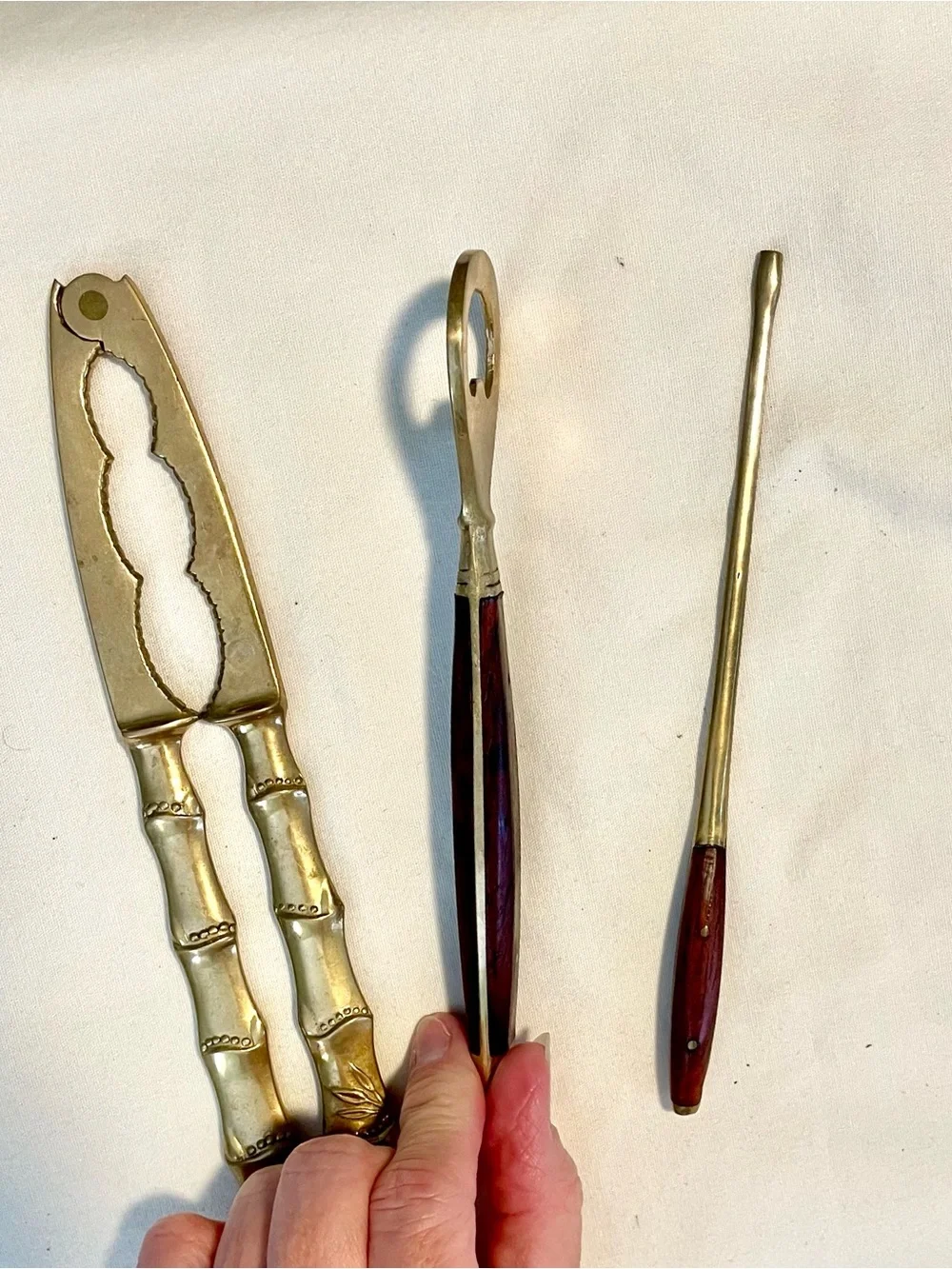 MCM~VNTG Japanese-3 Brass Bar Set Pieces ~ Opener/Cracker/Muddler -Brass & Teak